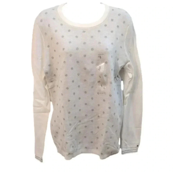 Tommy Hilfiger Women's White Collared Sweatshirt Size Medium Gray Polka Dots - Picture 1 of 12